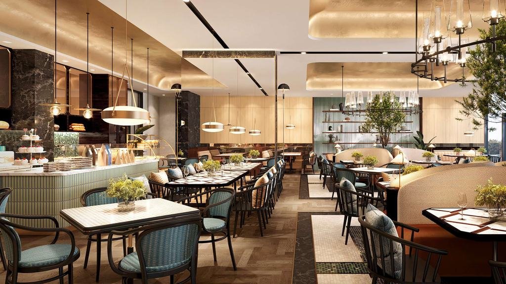 Warm-lit café lounge with timber, marble and woven seating