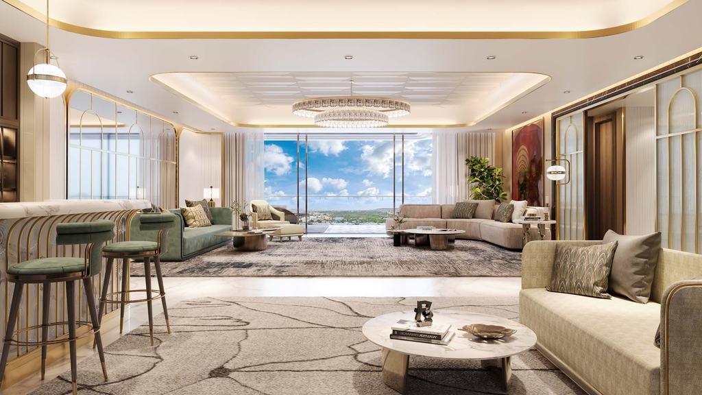 Expansive horizontal living room opening to a full-height glazed deck