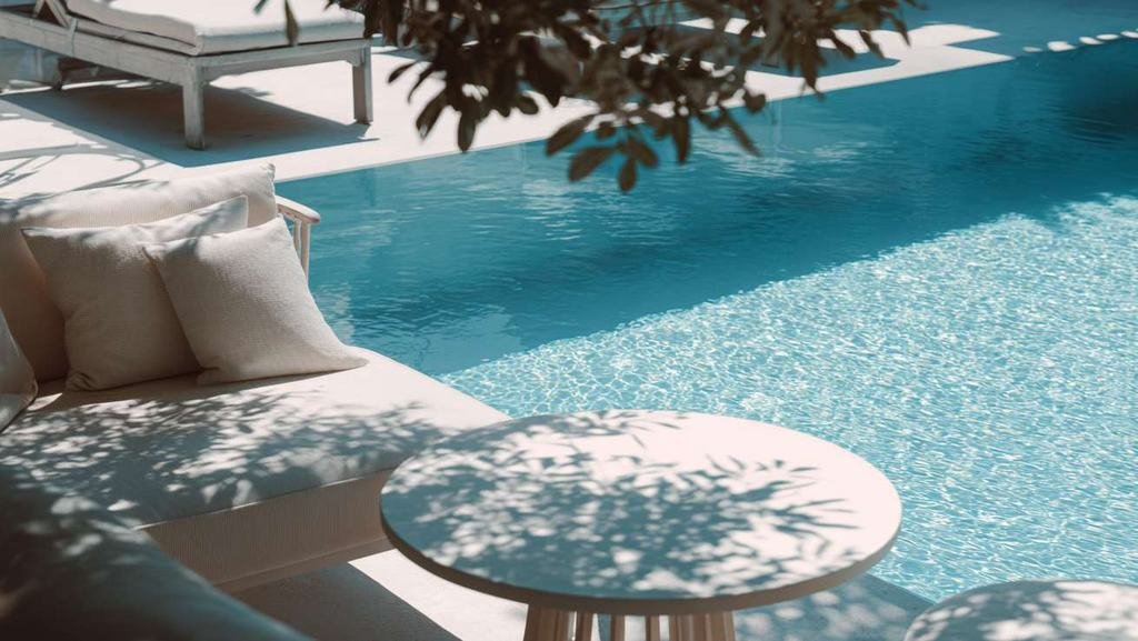 Dappled shade over poolside loungers beside clear blue water