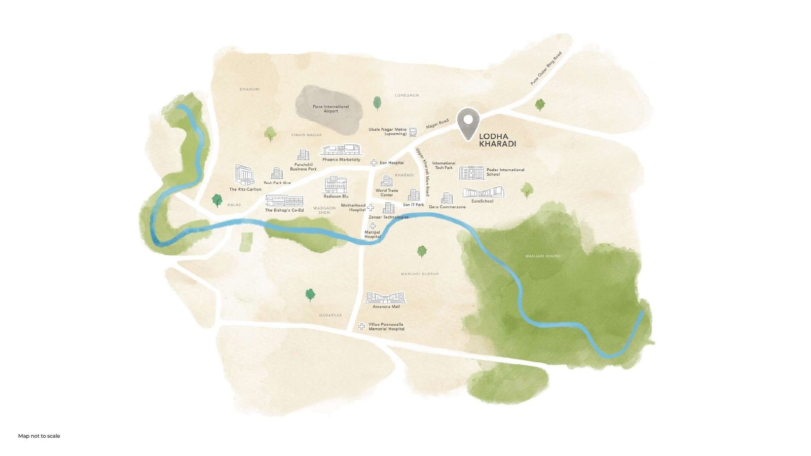 Illustrated location map of Kharadi showing Lodha Kharadi near Nagar Road, Upper Kharadi Main Road, EON IT Park, World Trade Center, Podar International School and Phoenix Marketcity
